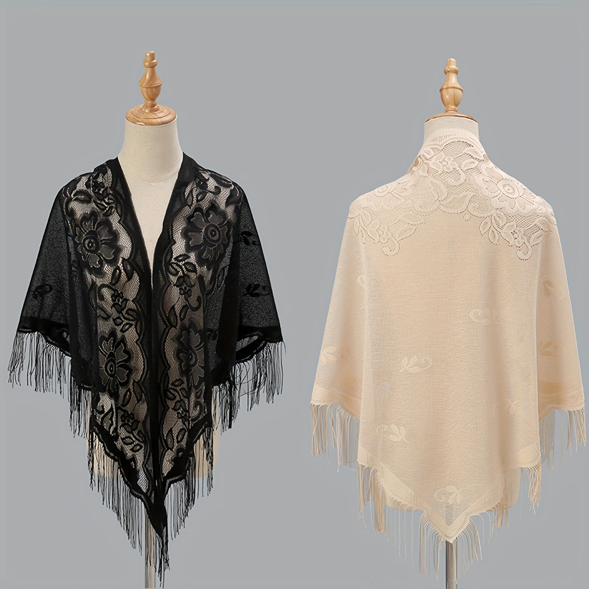 Elegant Women's Cardigan Shawl with Monochrome Lace Tassel Embroidery