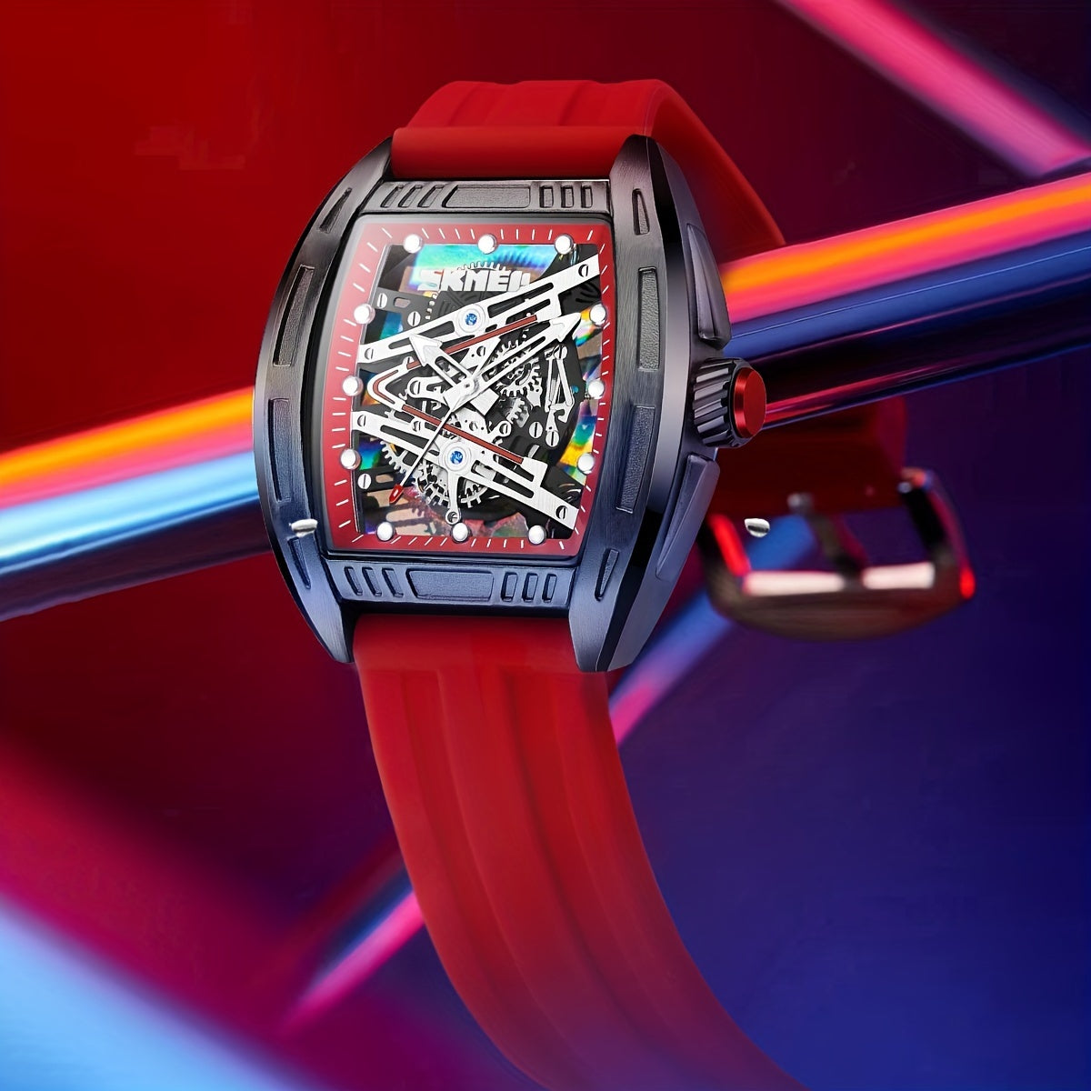 Reloj de cuarzo para hombre con esfera hueca, caja en forma de barril, resistente al agua, correa de silicona y luz nocturna