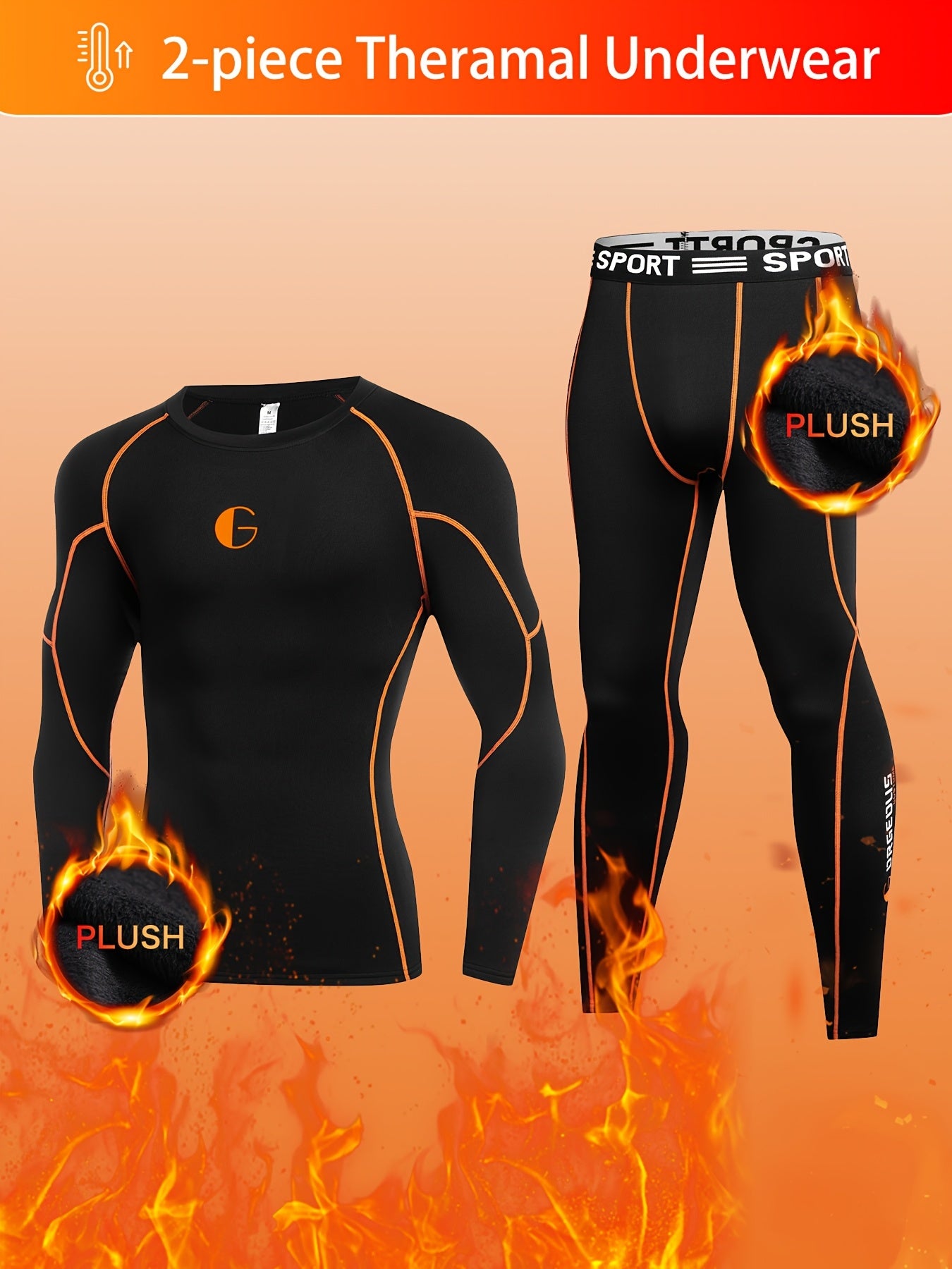 Men's Thermal Underwear Fleece Lined Long Sleeve Top and Pants for Winter Sports