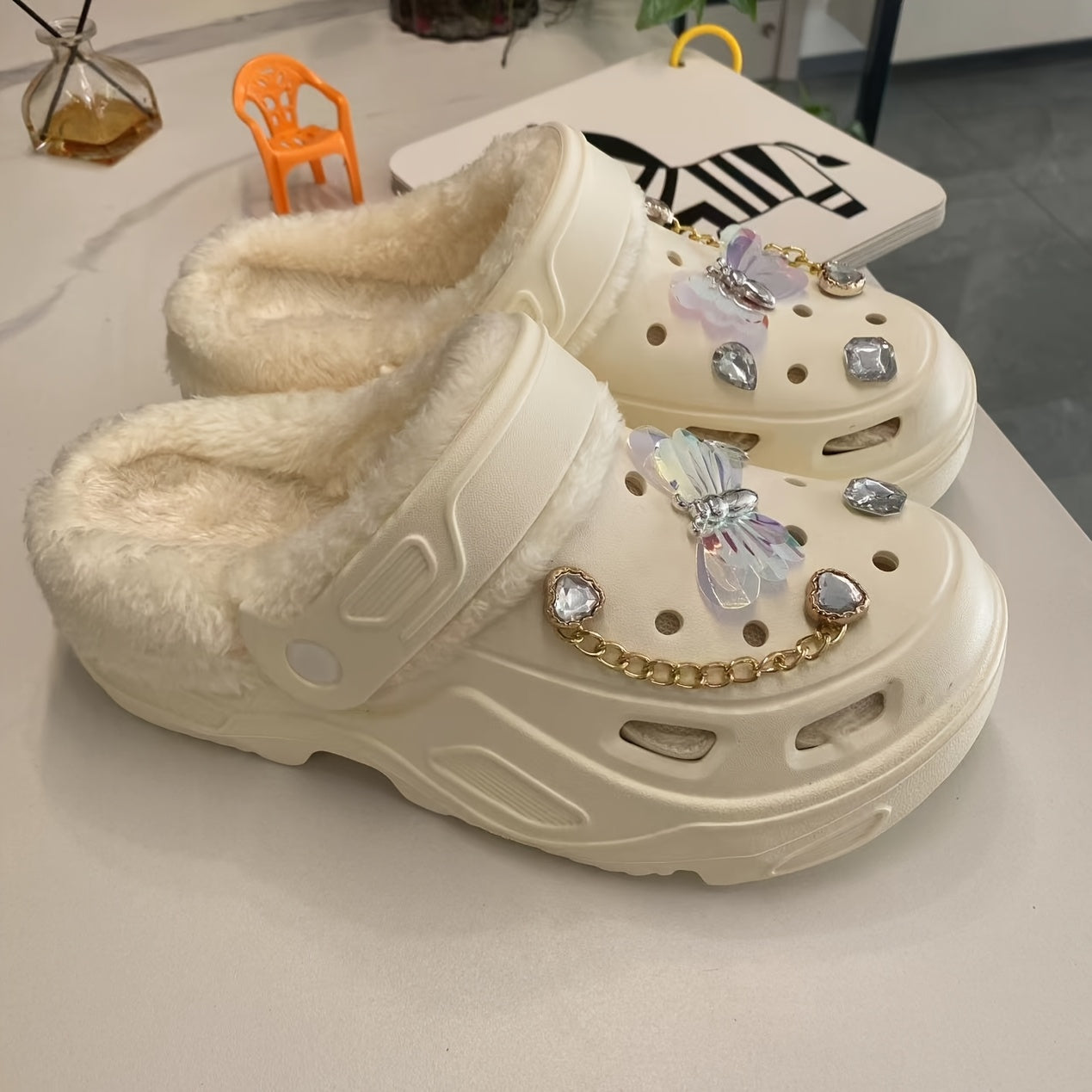 Women's Warm Plush Lined Shoes with Butterfly Heels and Bear Accessories