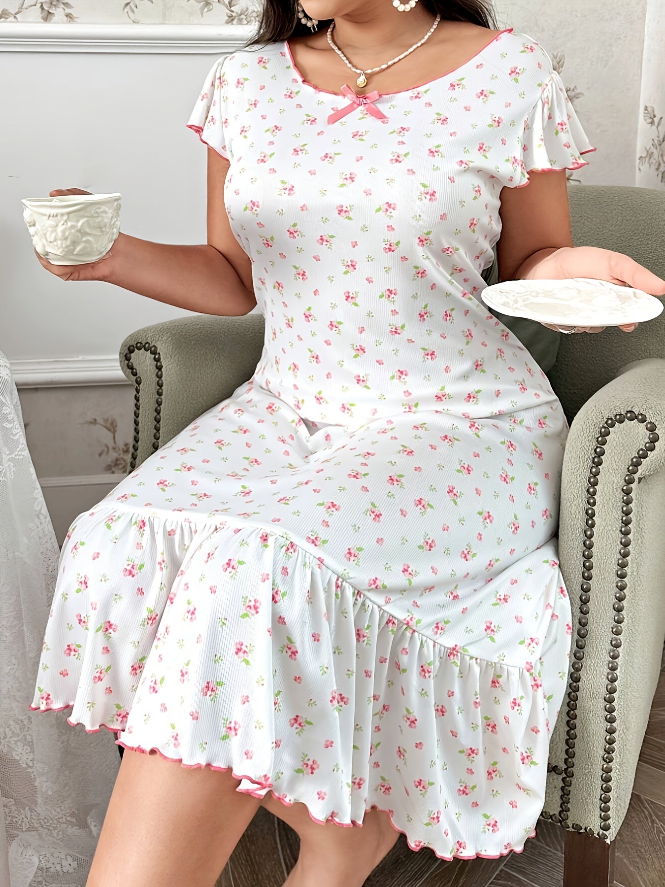 Women's Large Floral Print Short Sleeve Sleep Dress