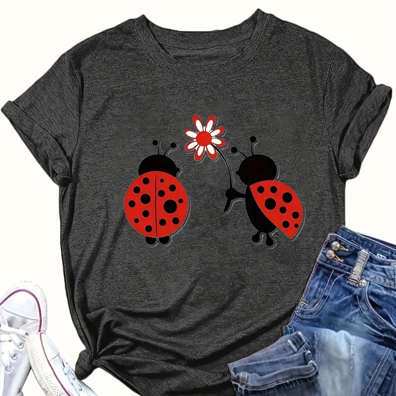 Women’s Plus Size Ladybug Print T-Shirt Casual Crew Neck Knit Top