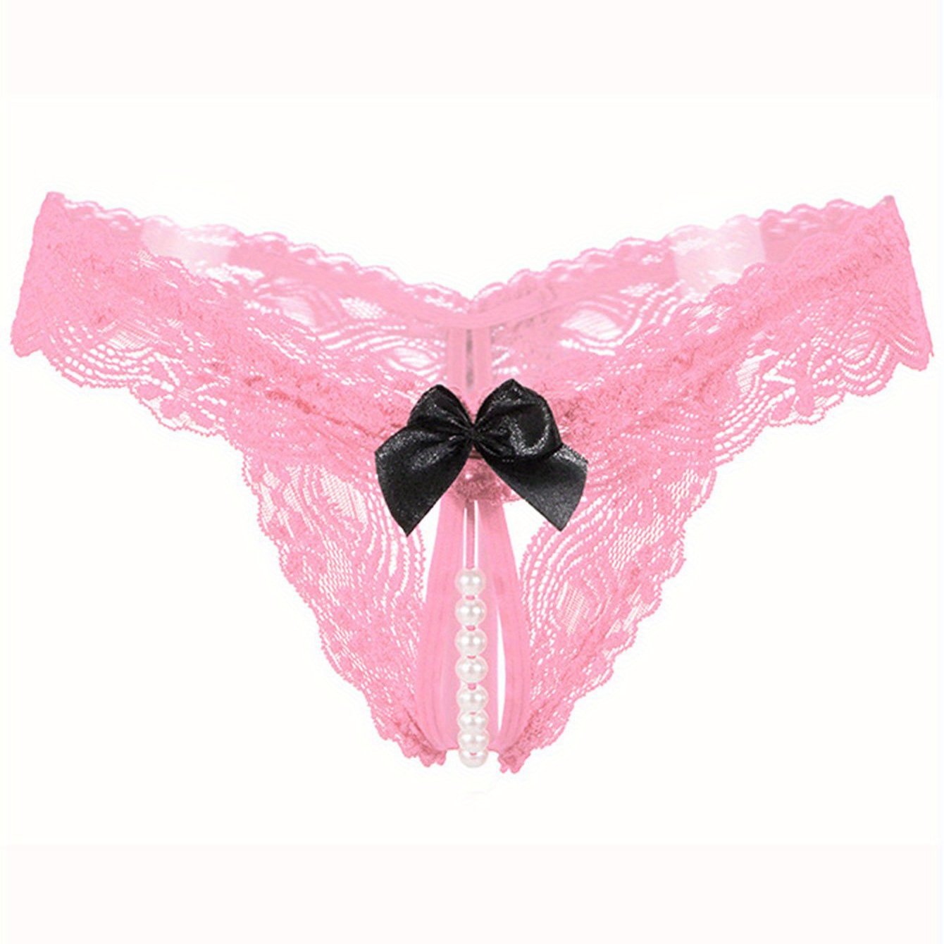 Women's Floral Lace Thong Lingerie with Open Crotch Faux Pearl Panties