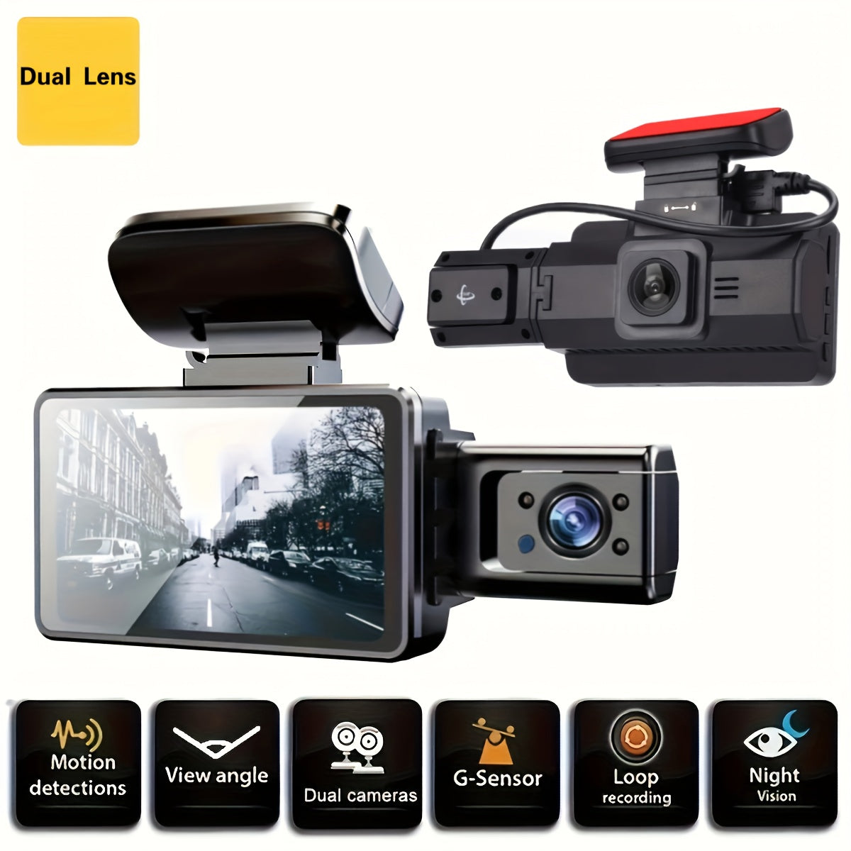 Dual Lens Car Dash Cam 7.62cm Screen Night Vision Wide Angle Loop Recording