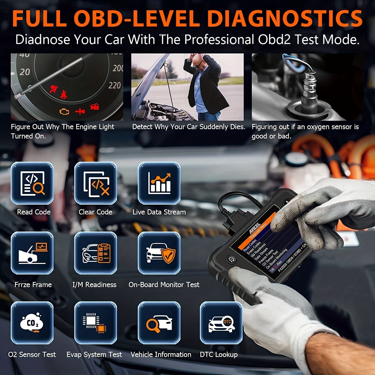 Pro OBD2 Scanner Car Diagnostic Tool ABS SRS Transmission Engine Code Reader