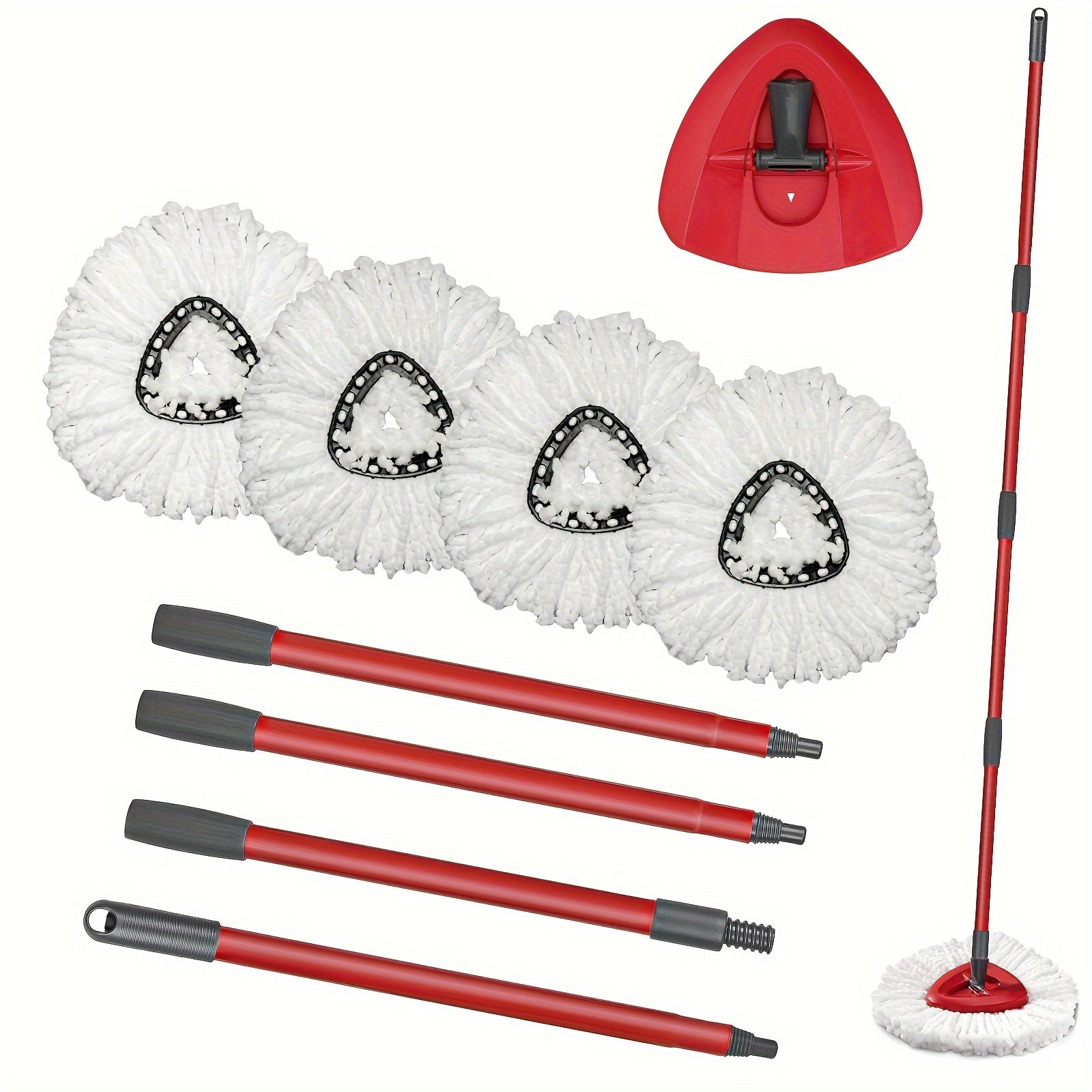 White 4-Piece Mop Head Set with Red Gray Mop Handle and Triangle Plate