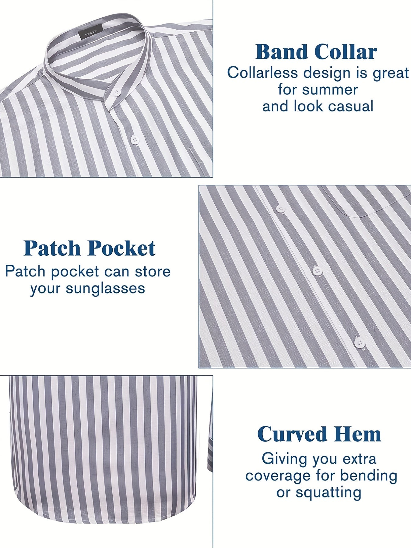 Men's Cotton Vertical Striped Band Collar Shirt Long Sleeve Casual Wear