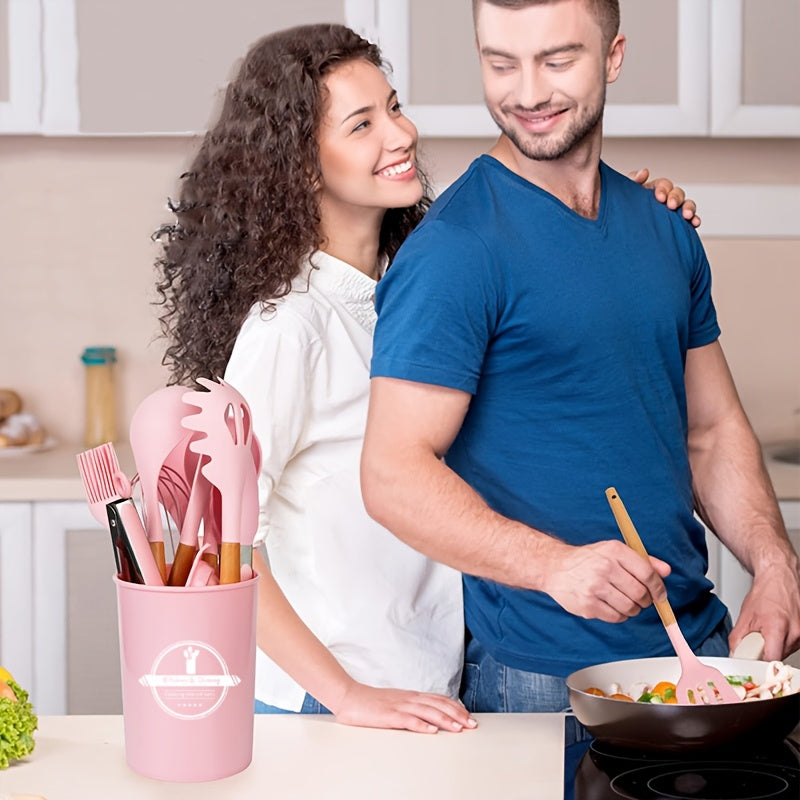 Набор из 12 антипригарных кухонных принадлежностей с подставкой - включает в себя лопатку с деревянной ручкой, щипцы, шпатель и многое другое - идеально подходит для домашних кухонь