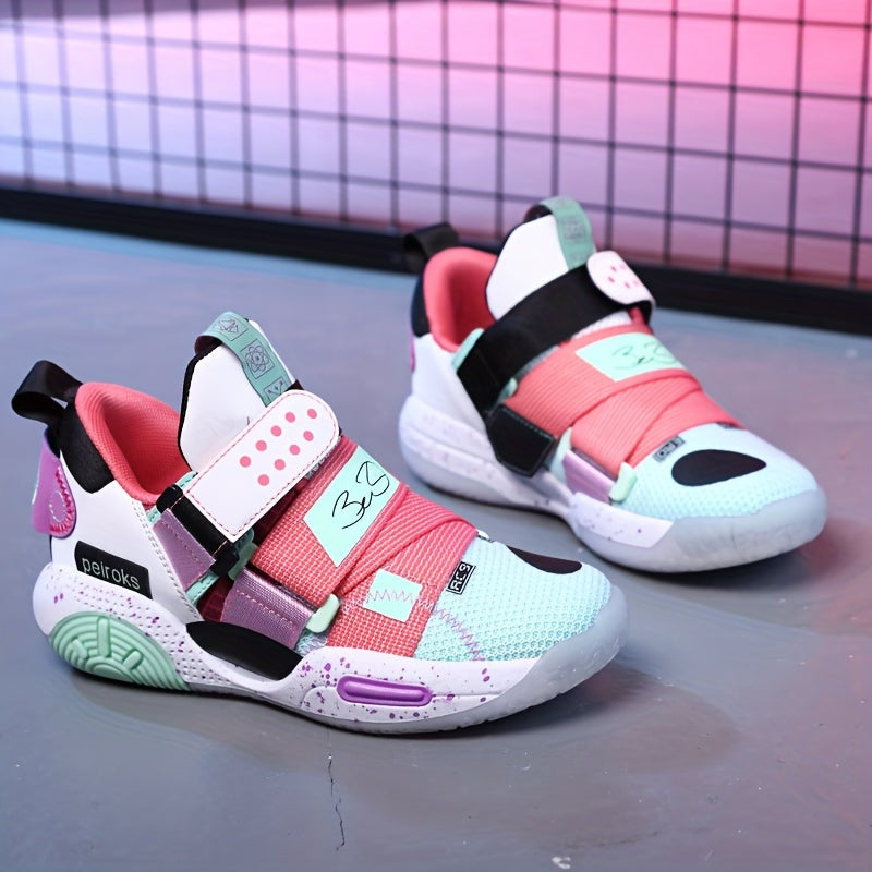 Kids' Colorful Mesh Basketball Shoes with Non-Slip Rubber Sole and Hook-and-Loop Strap