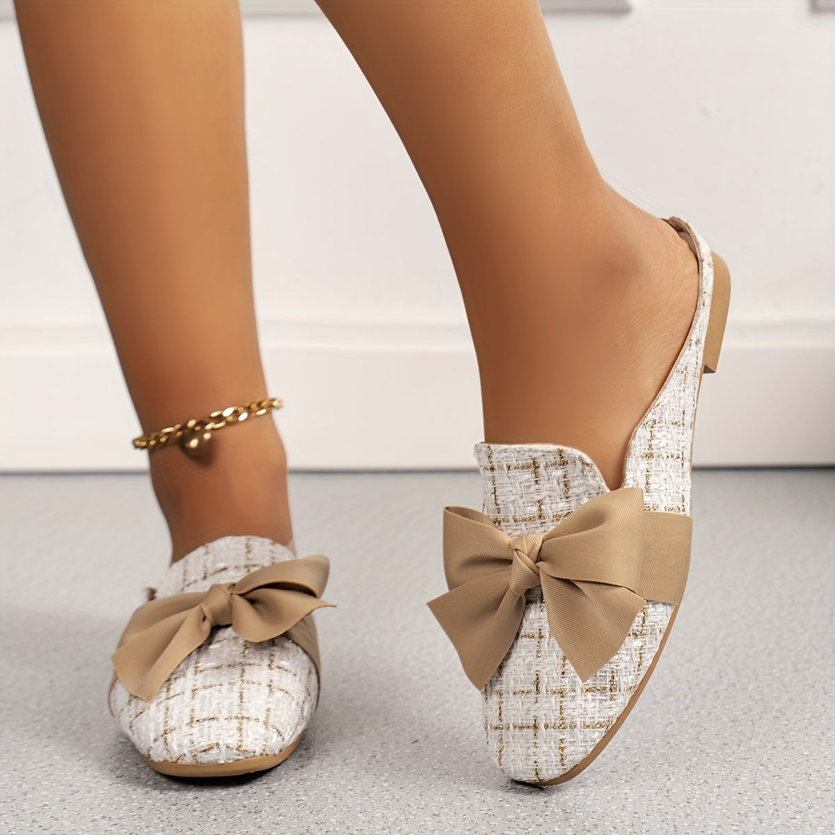 Sandalias planas para mujer con lazo, patrón de cuadrícula, tela, cierre cerrado, zapatos casuales