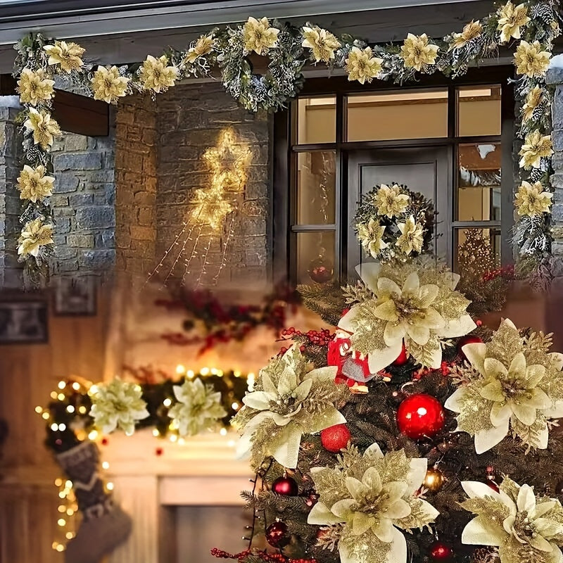 Golden Dust Flowers Rattan Garland Decorations for Christmas Windows