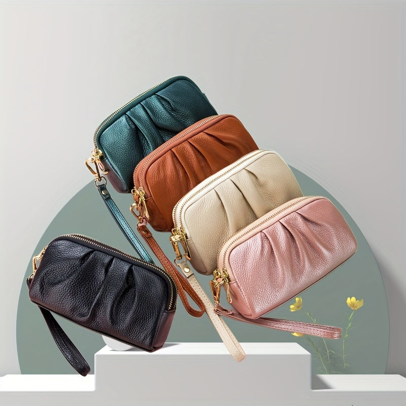 Genuine Leather Handheld Bag for Moms with Double Zipper Wallet and Mobile Case in Multiple Colors