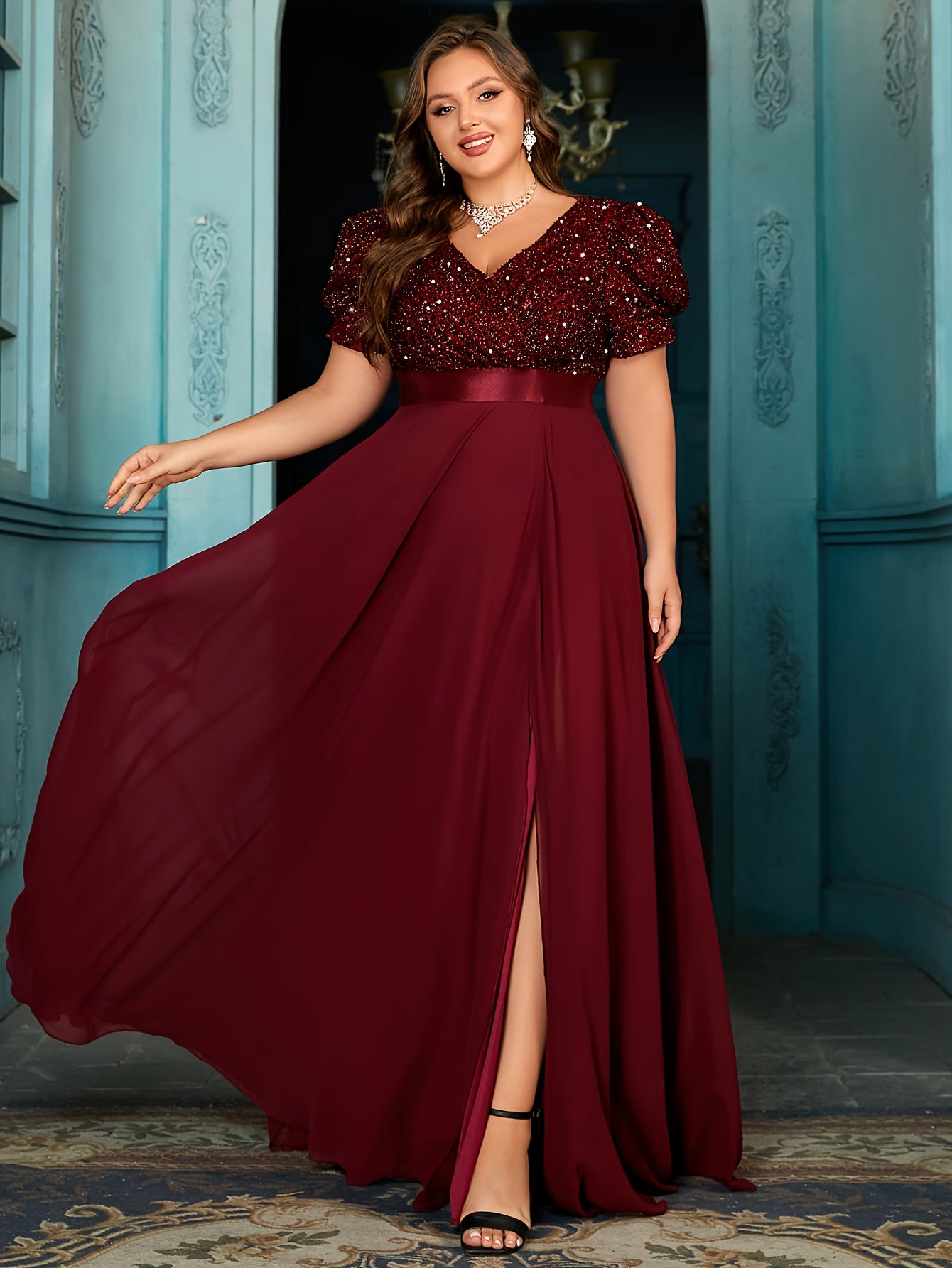 Plus Size Sequin Bubble Sleeve Evening Gown Black Formal Dress