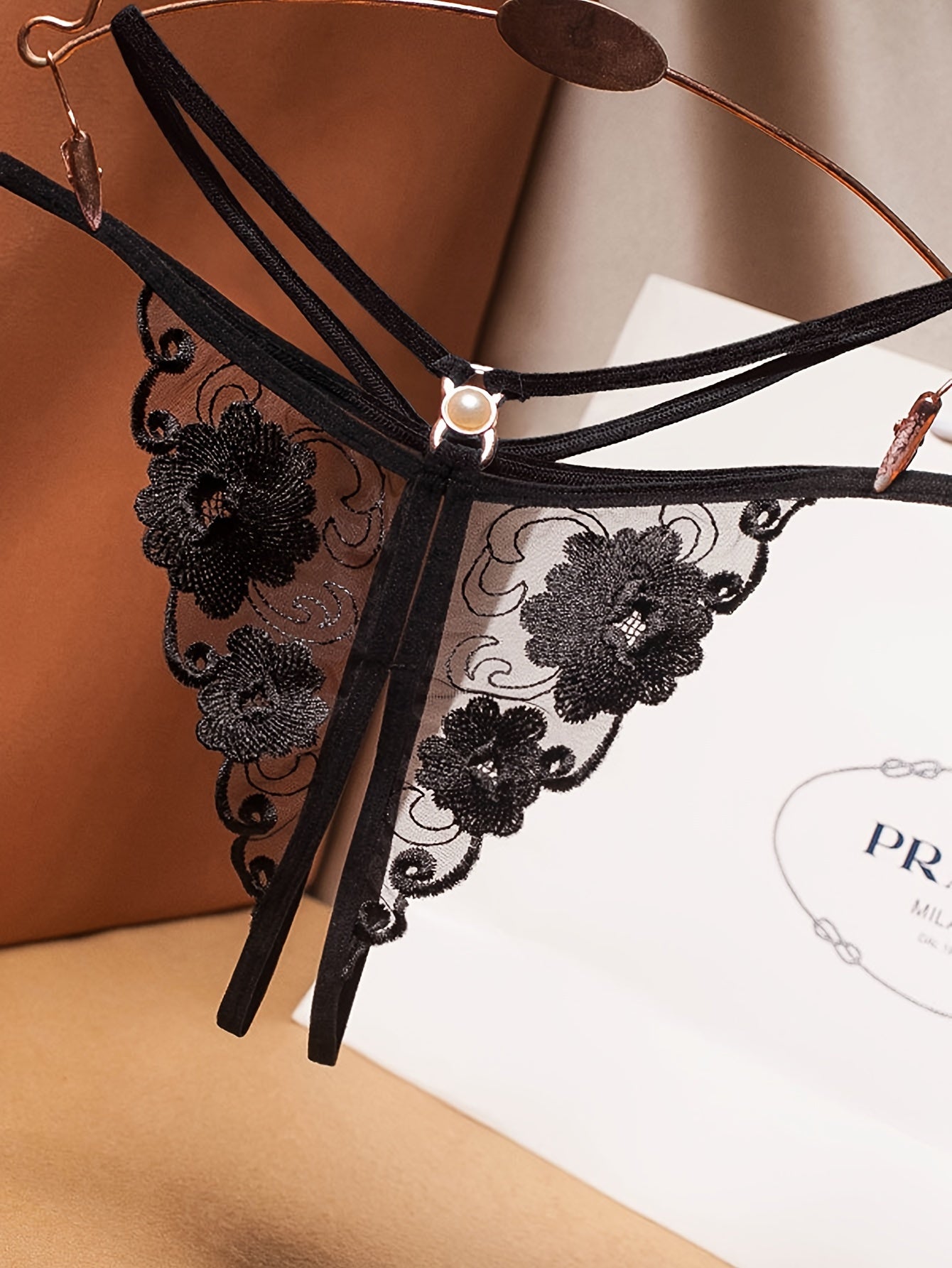 Women's Thong Lingerie with Embroidered Floral Design Made of Polyester Mesh