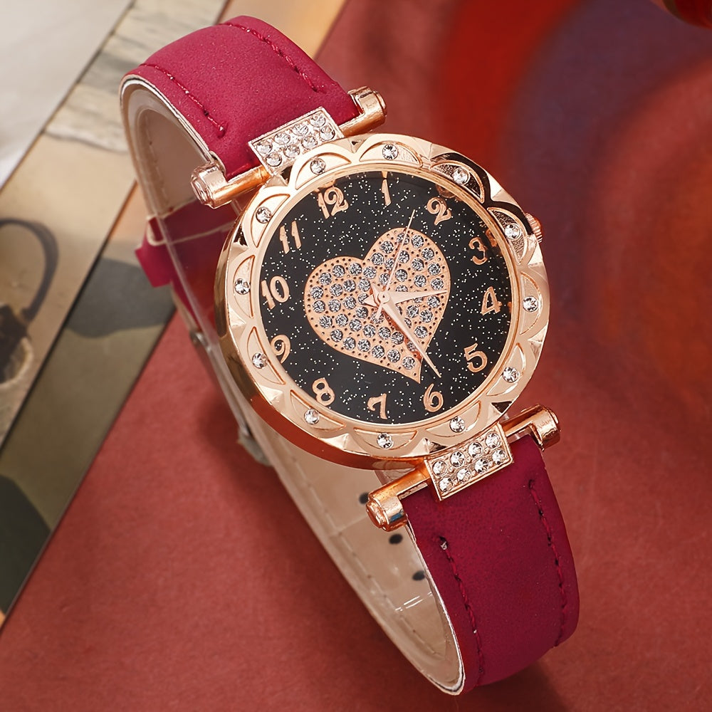 Women's Heart Quartz Watches Set with Rhinestone Accents and Matching Jewelry