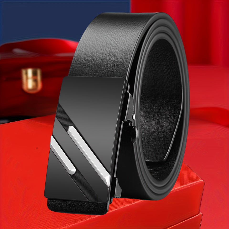 Cinturón casual de negocios para hombre con hebilla automática, patrón de lichi de doble barra, ajustable en PU