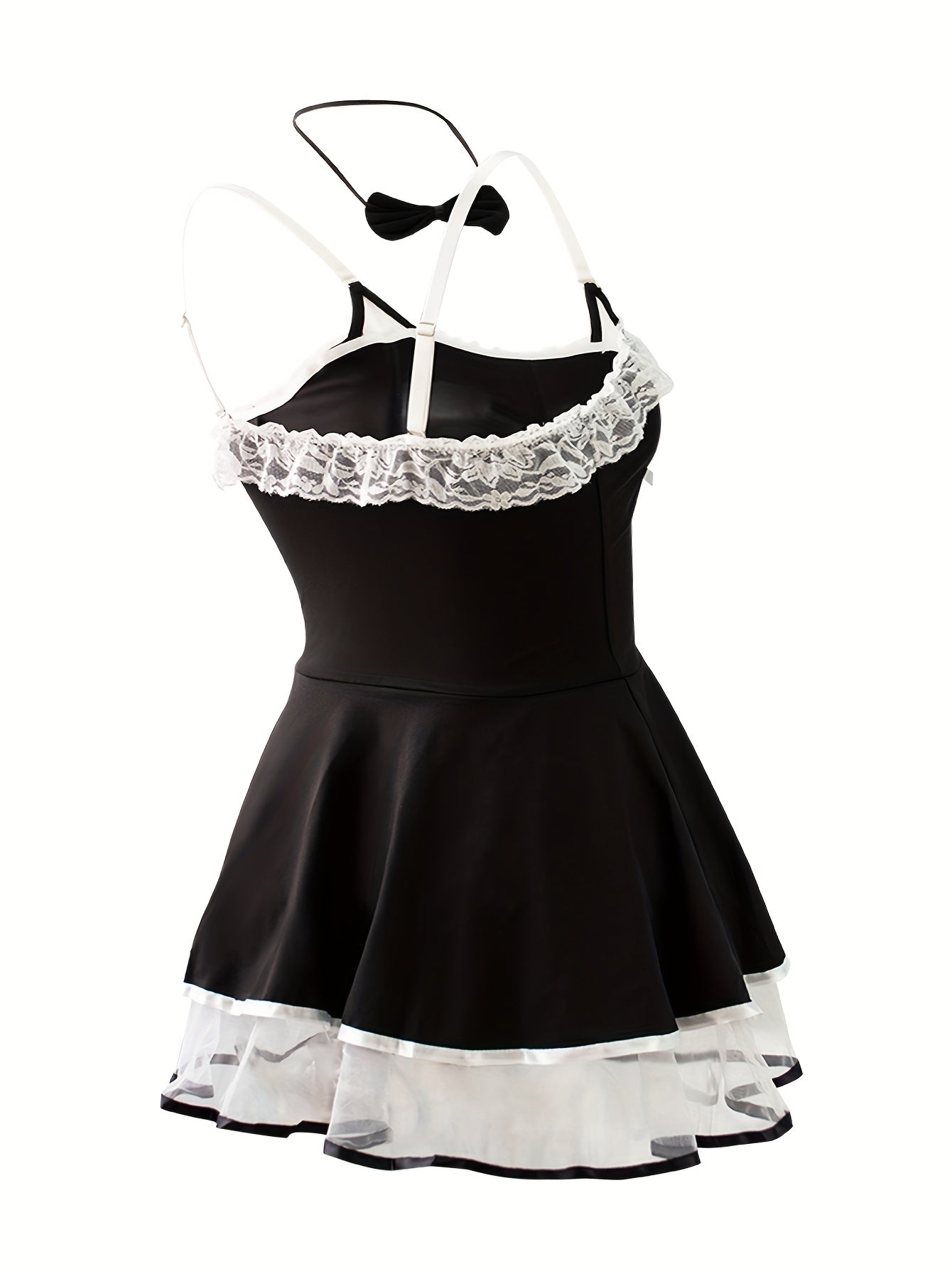 Women's Plus Size Lingerie Costume Set Black White Contrast Halter Dress