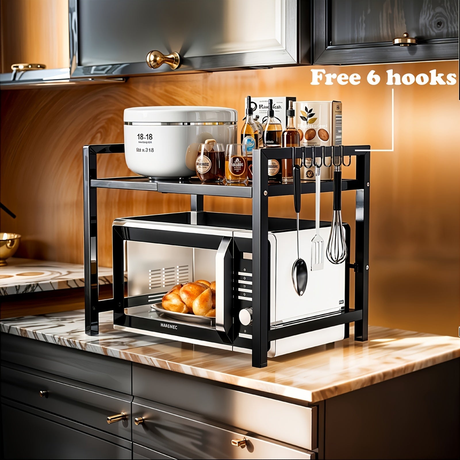 Retractable Microwave Stand with Storage and Hooks for Countertops