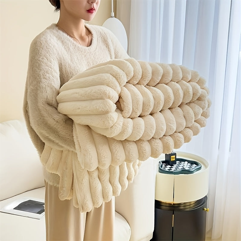 Imitation Rabbit Fur Shawl Blanket Soft Knit All-Season Versatile Striped Design