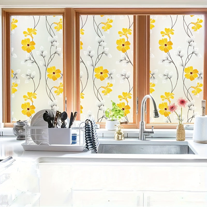 Yellow Floral Pattern Static Cling Window Film for Privacy and Home Decor
