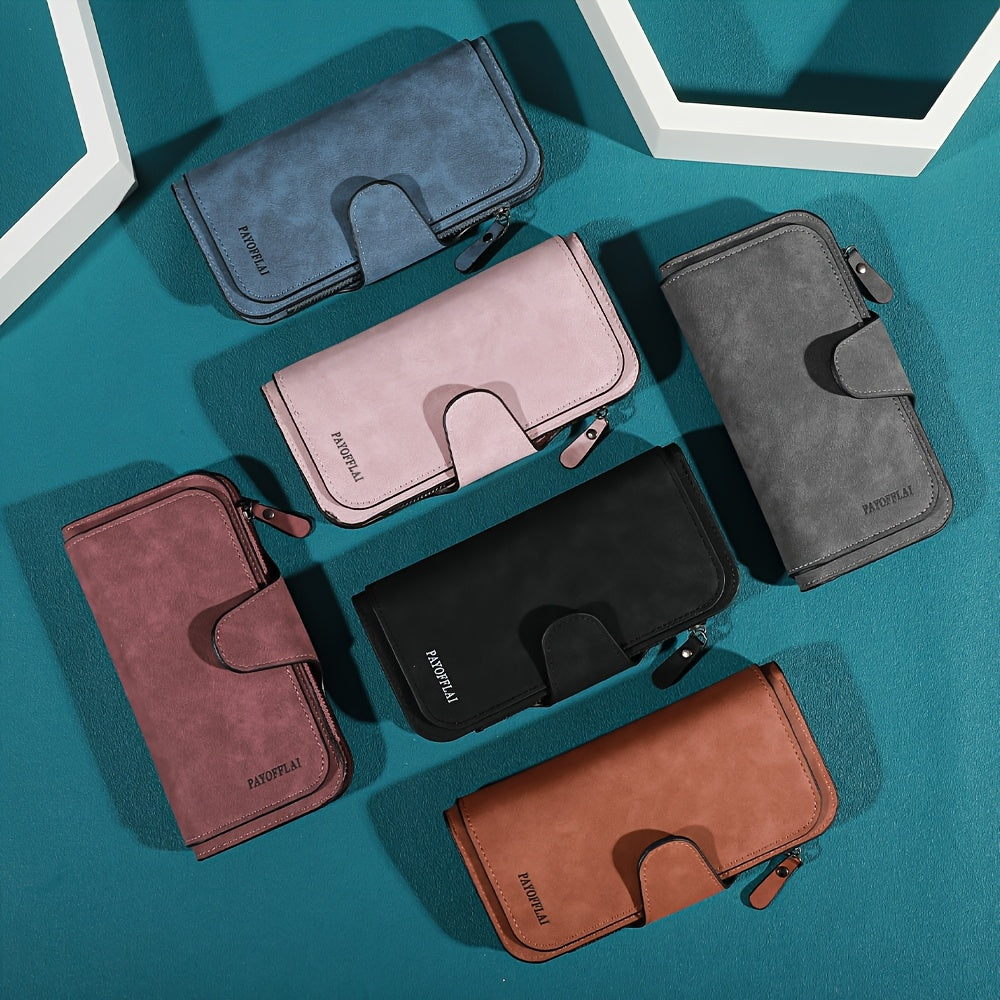 Yangi vintage uslubidagi ayollar uchun uzun hamyon, sun'iy charmdan tayyorlangan, tugmachali yopiq, zip cho'ntak, naylon astar, ko'p kartochka joylari va chet bo'yash tafsiloti bilan.