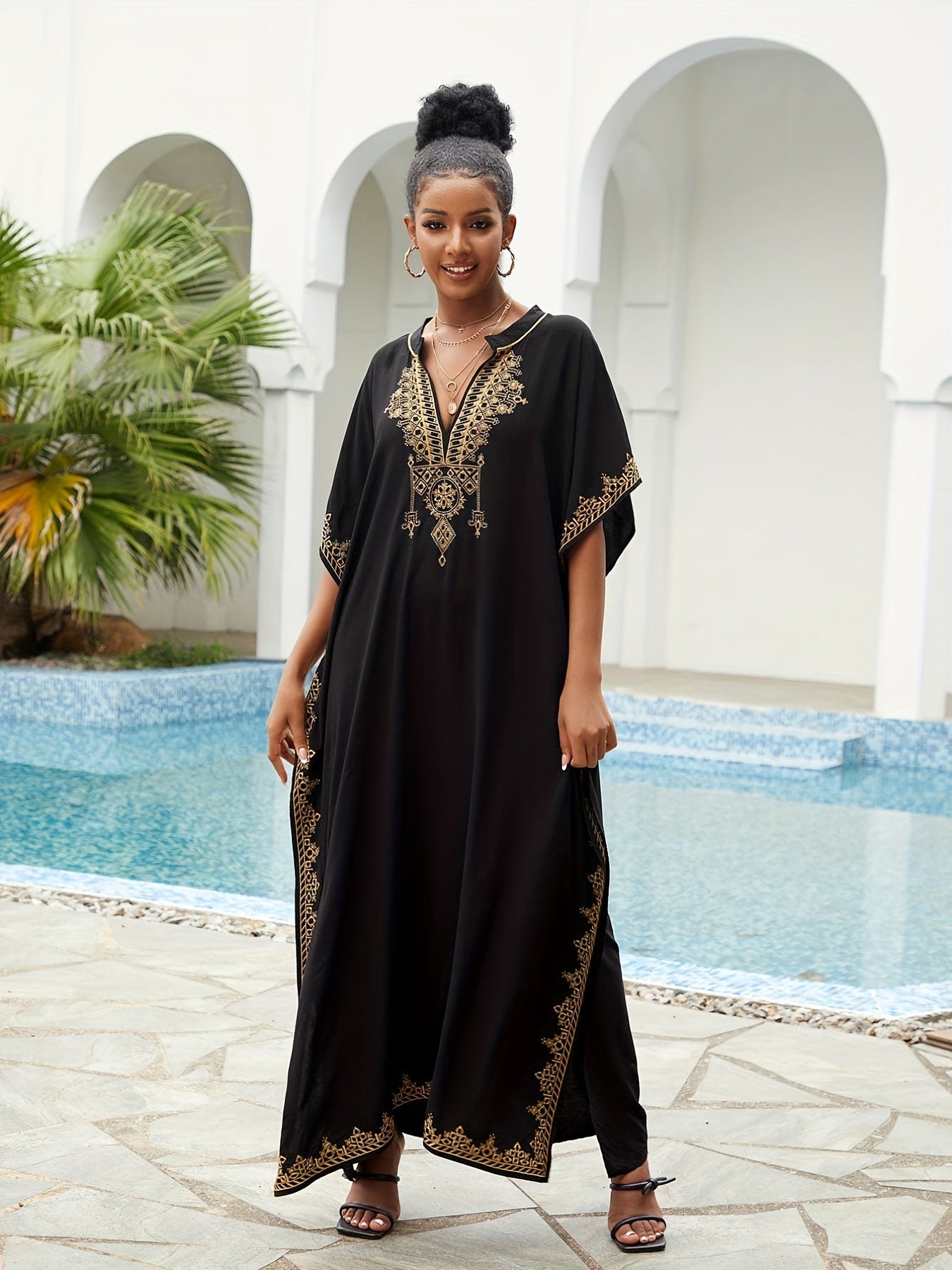 Women's Plus Size Boho Kaftan Dress Gold Embroidered Bat Sleeve Maxi Cover Up