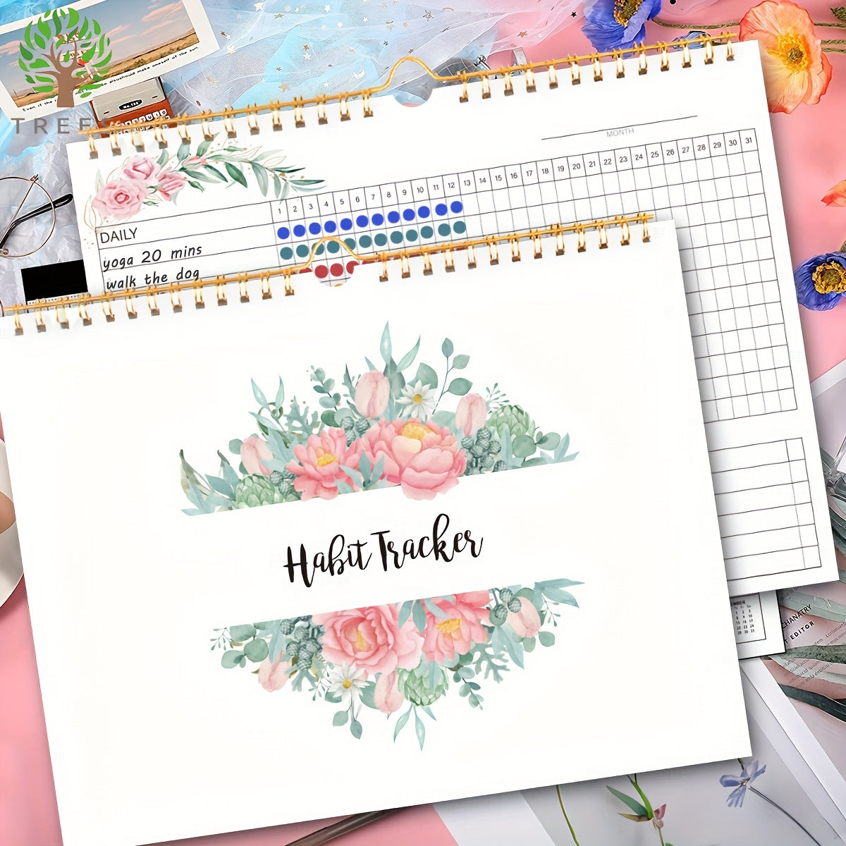 O'simlik sahifalari bilan spiral bog'langan odat kuzatuvchi rejalashtiruvchi, mahsuldorlikni oshirish uchun, sanasiz, 25.4*20.32 sm, 160gsm qog'oz