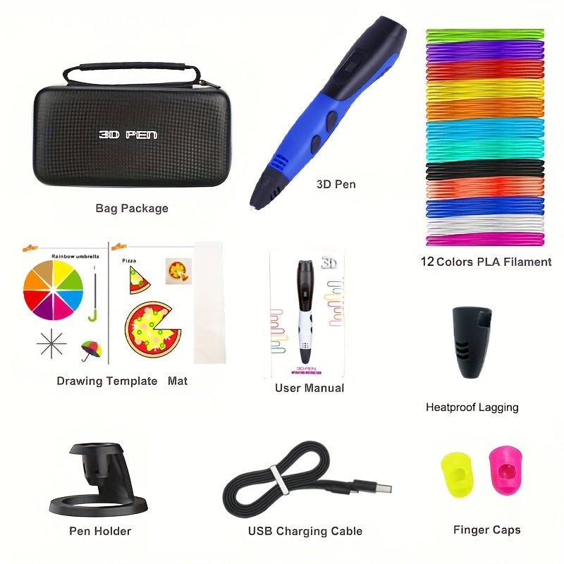 3D Printing Pen Kit with 12 PLA Filament Colors USB Powered for Creative Art