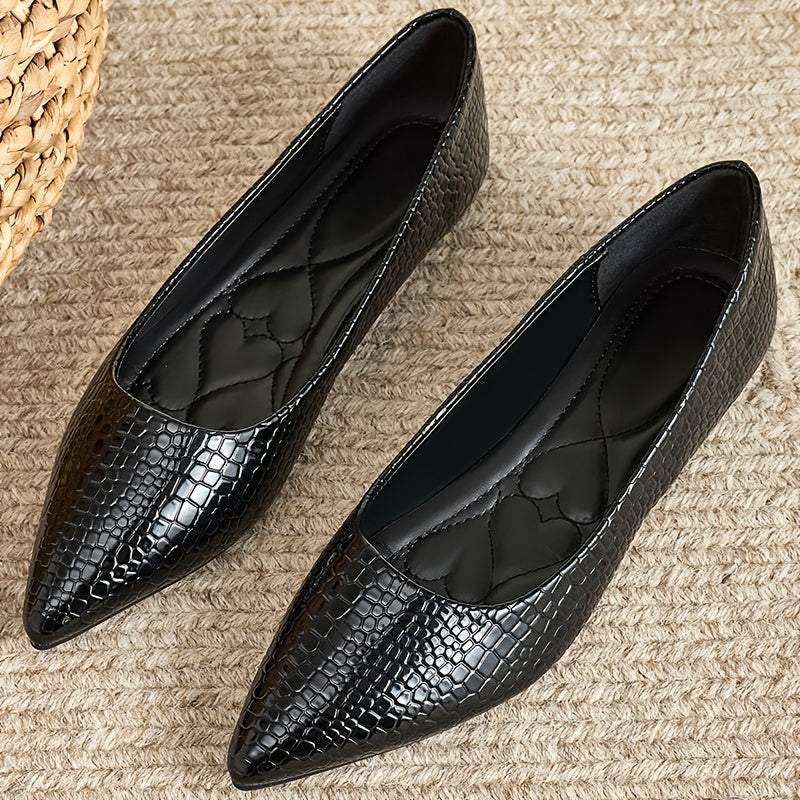 Women's Pointed Toe Flats Black Textured Slip-On Shoes Comfortable Casual Dressy