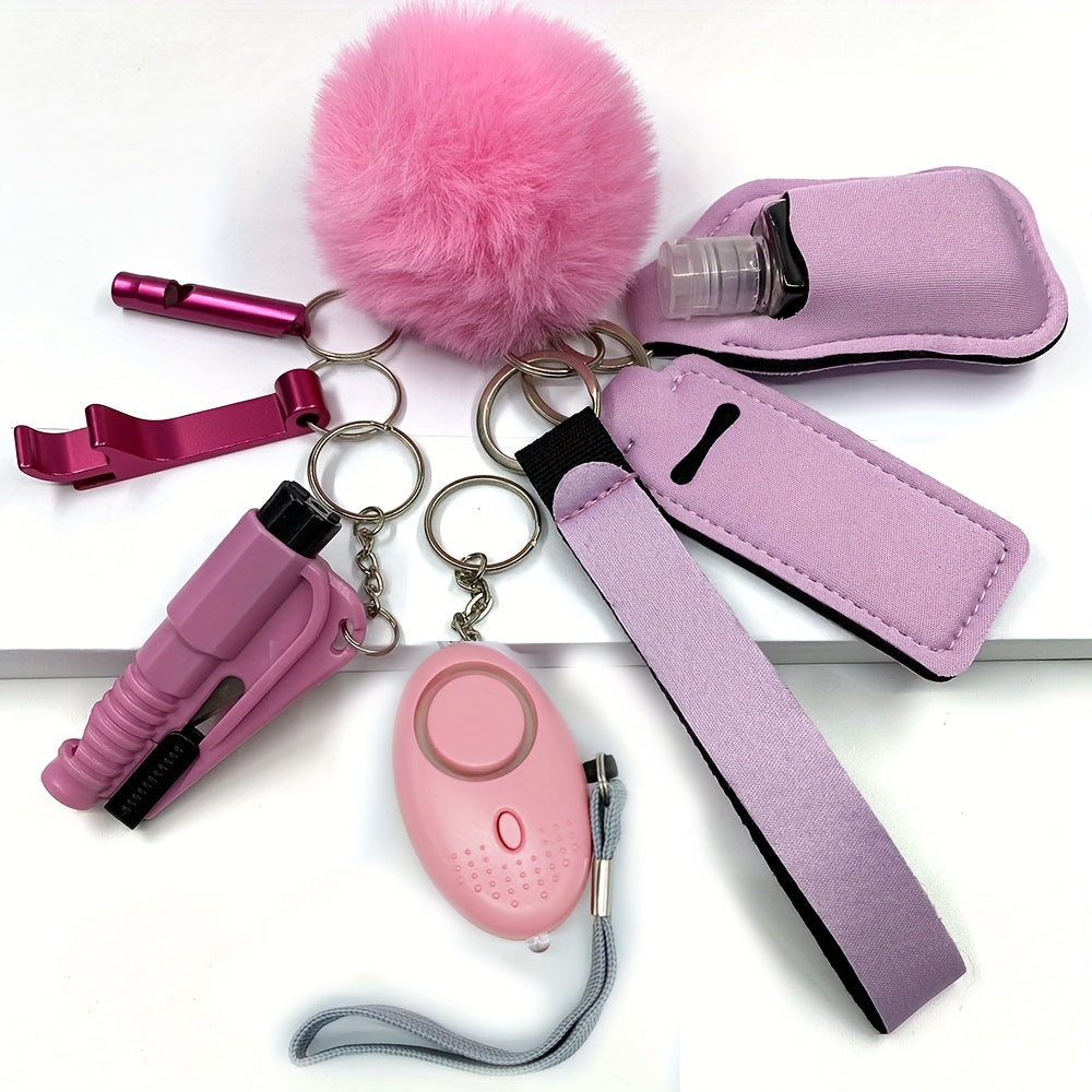 Set of 9 Women's Safety Keychains with Hand Sanitizer Holder Alarm and Floating Charm