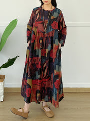Women's Linen Patchwork A-line Skirt with Round Neck Long Sleeves Beach Cover-up