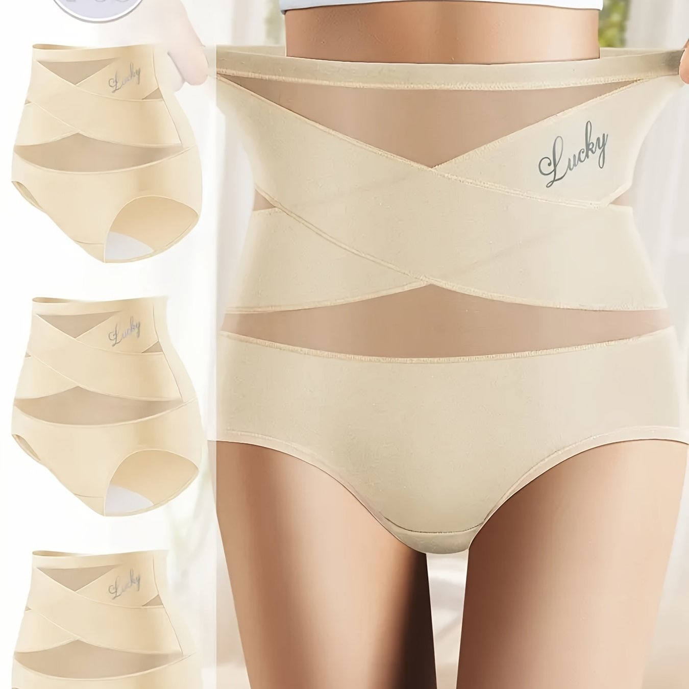 3-Pack High Waist Shapewear Panties with Alphabet Print Adjustable Cross Design Polyester Elastane Knit Fabric