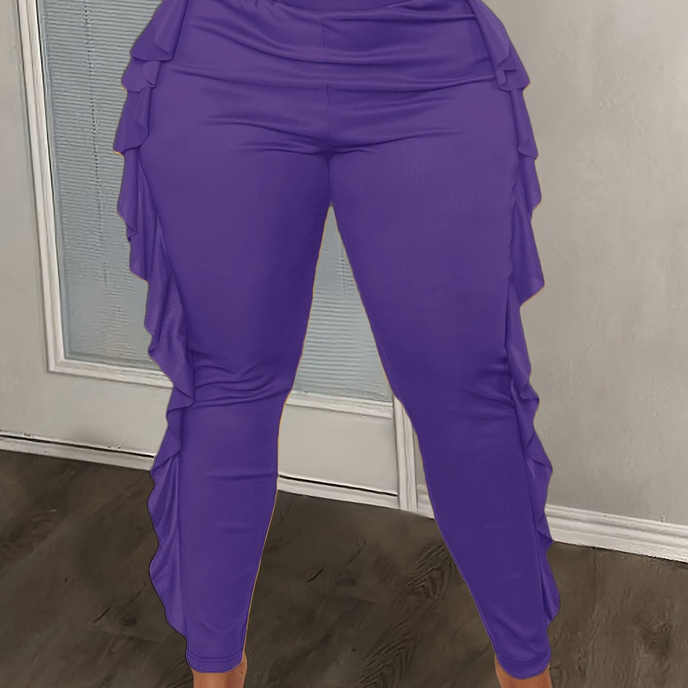 Women’s Knitted Slim Fit Trousers With Side Slit and Ruffles Plus Size