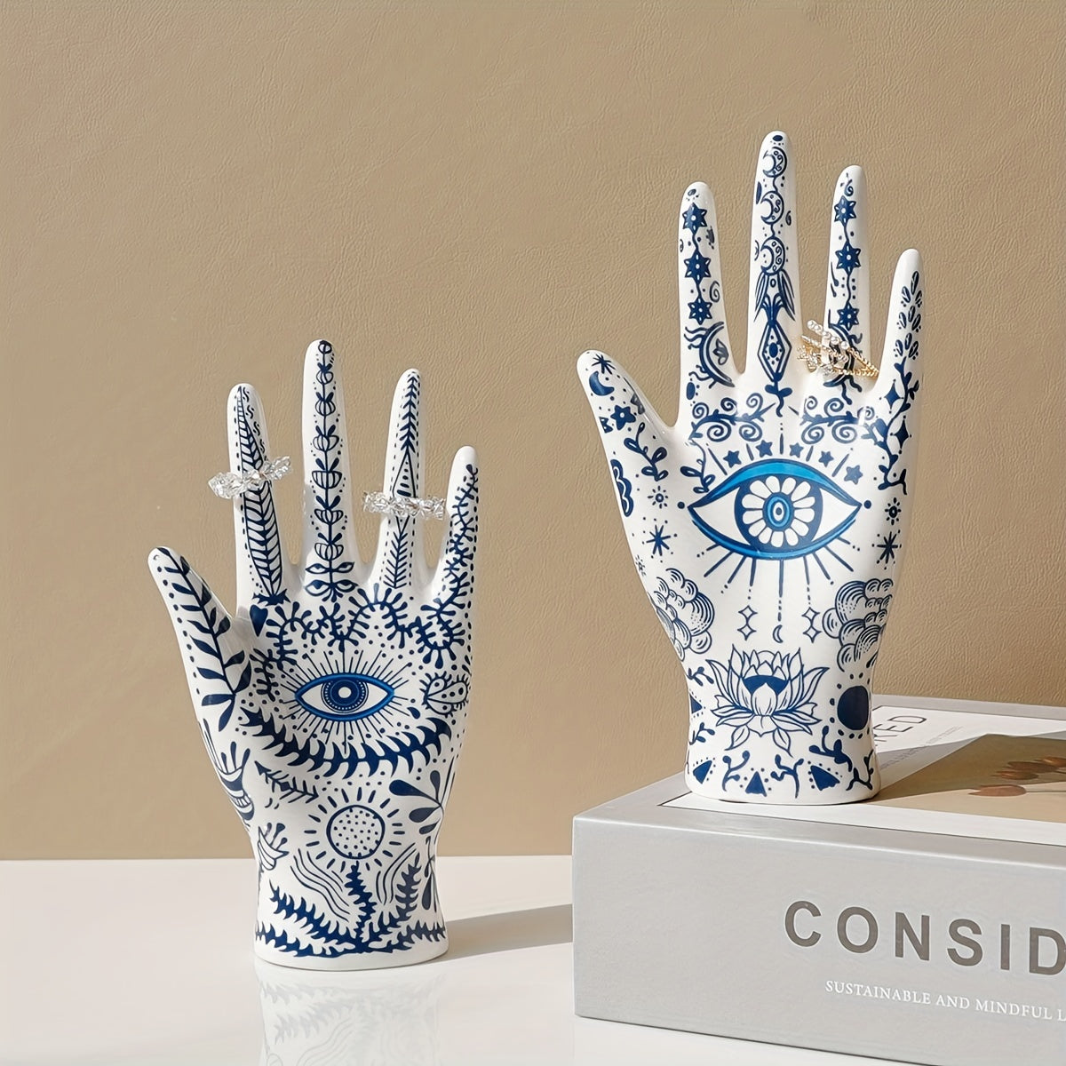 Ceramic Hamsa Ring Holder for Jewelry Display and Evil Eye Protection