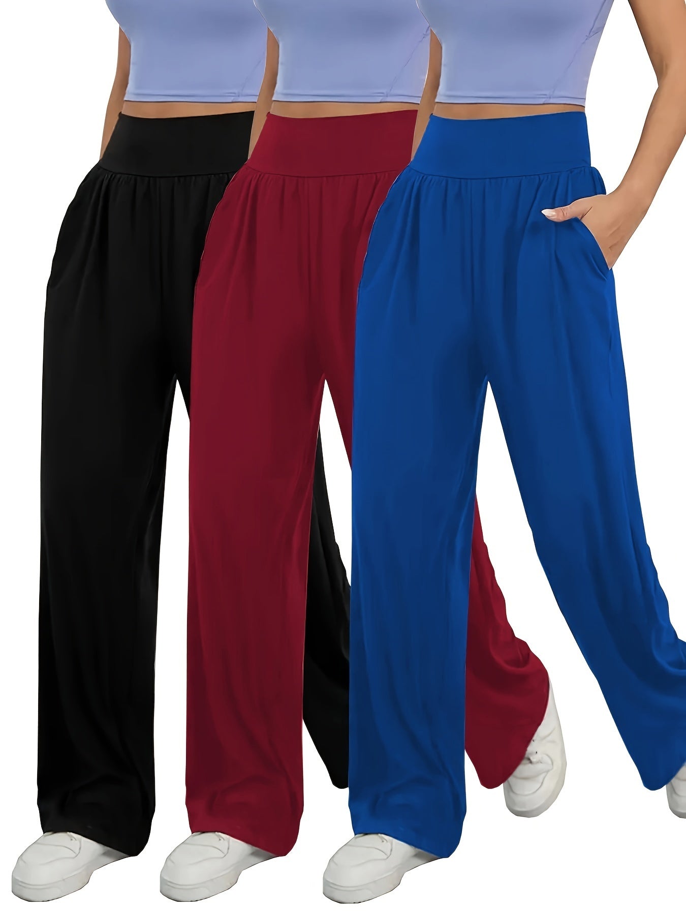 Plus Size Women's Wide Leg Pants with Pockets Casual Elastic Waist Solid Colors