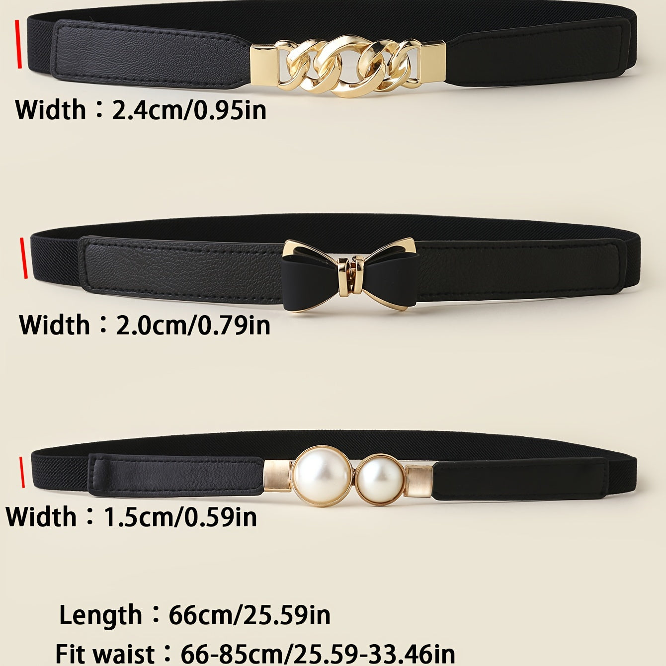 Набор из 3 эластичных ремней на талию с металлической имитацией жемчужной пряжки для пальто, платьев, джинсов
