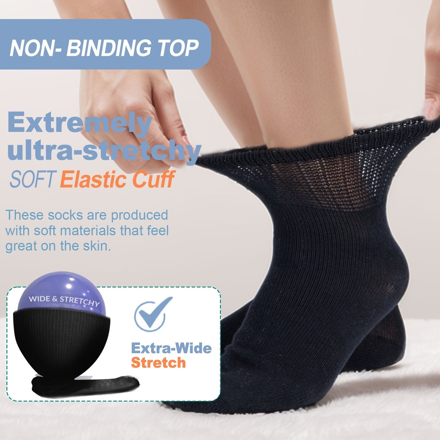 4 juft diabetik tizzaki paypoq erkaklar va ayollar uchun, bo‘yinbog‘siz, erkin o‘lcham, paxta, nylont, spandeks