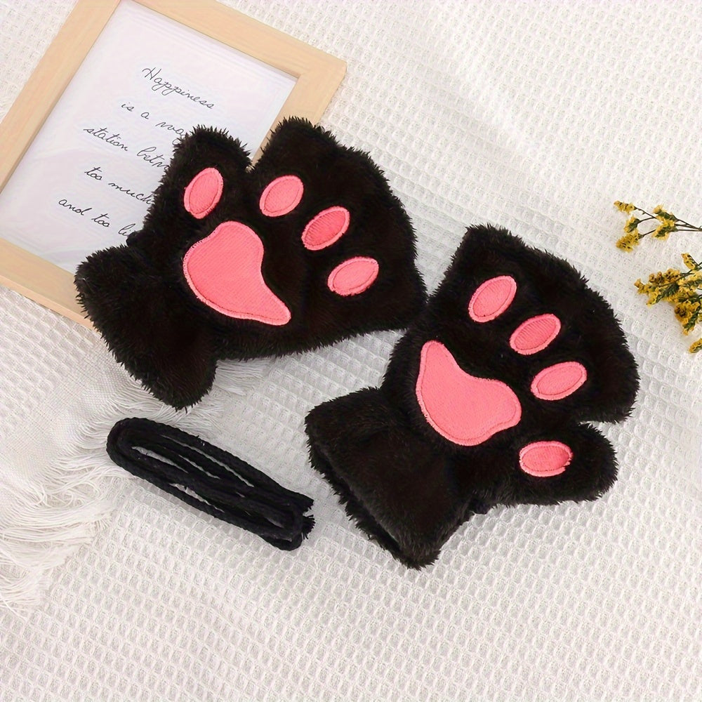 Cozy Cat Paw Fingerless Gloves for Girls Soft Cotton Blend Black Pink Heart Design