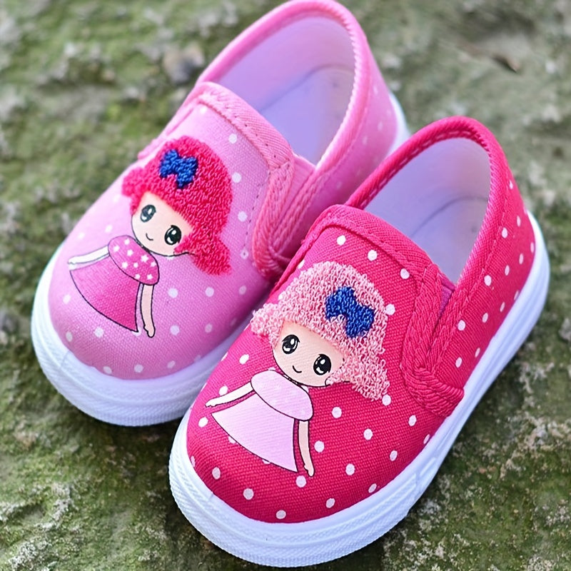 Girls' Pink Polka Dot Canvas Shoes with Cartoon Embroidery Breathable Lightweight for Spring and Fall