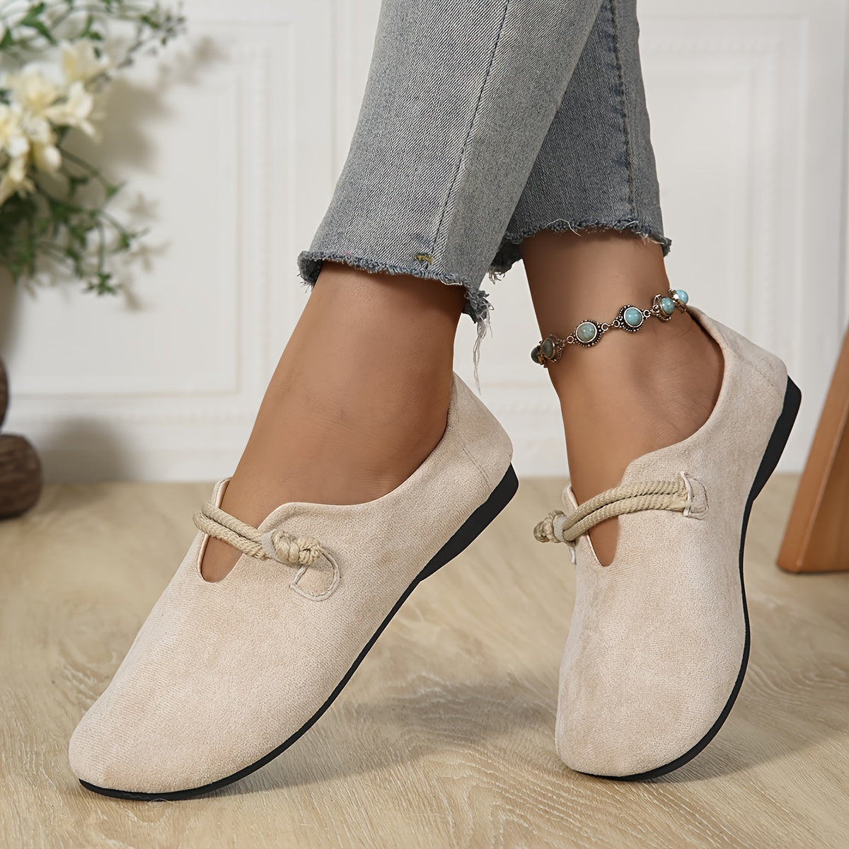 Women’s Elegant Mary Jane Flats Solid Color Slip-On Round Toe Fabric Upper