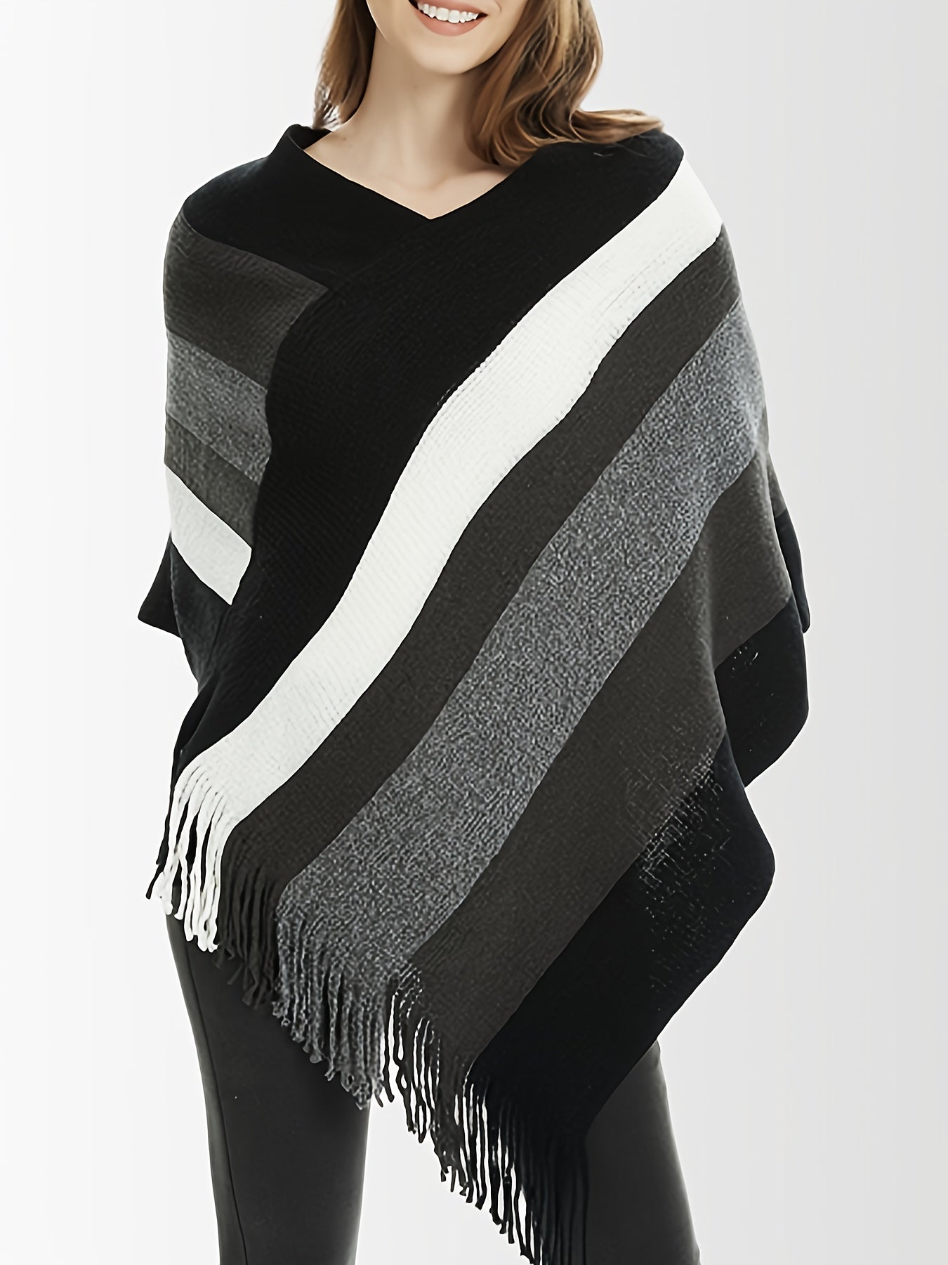 Women's Plus Size V-Neck Striped Knit Pullover Oversized Sweater Warm Wool Blend