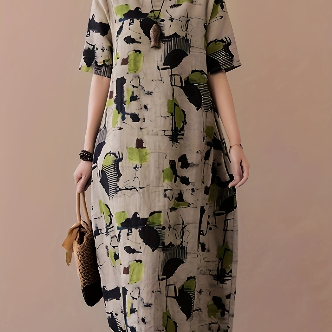 Elegant Linen Midi Dress with Abstract Print Short Sleeve Crew Neck for Spring Summer Fall
