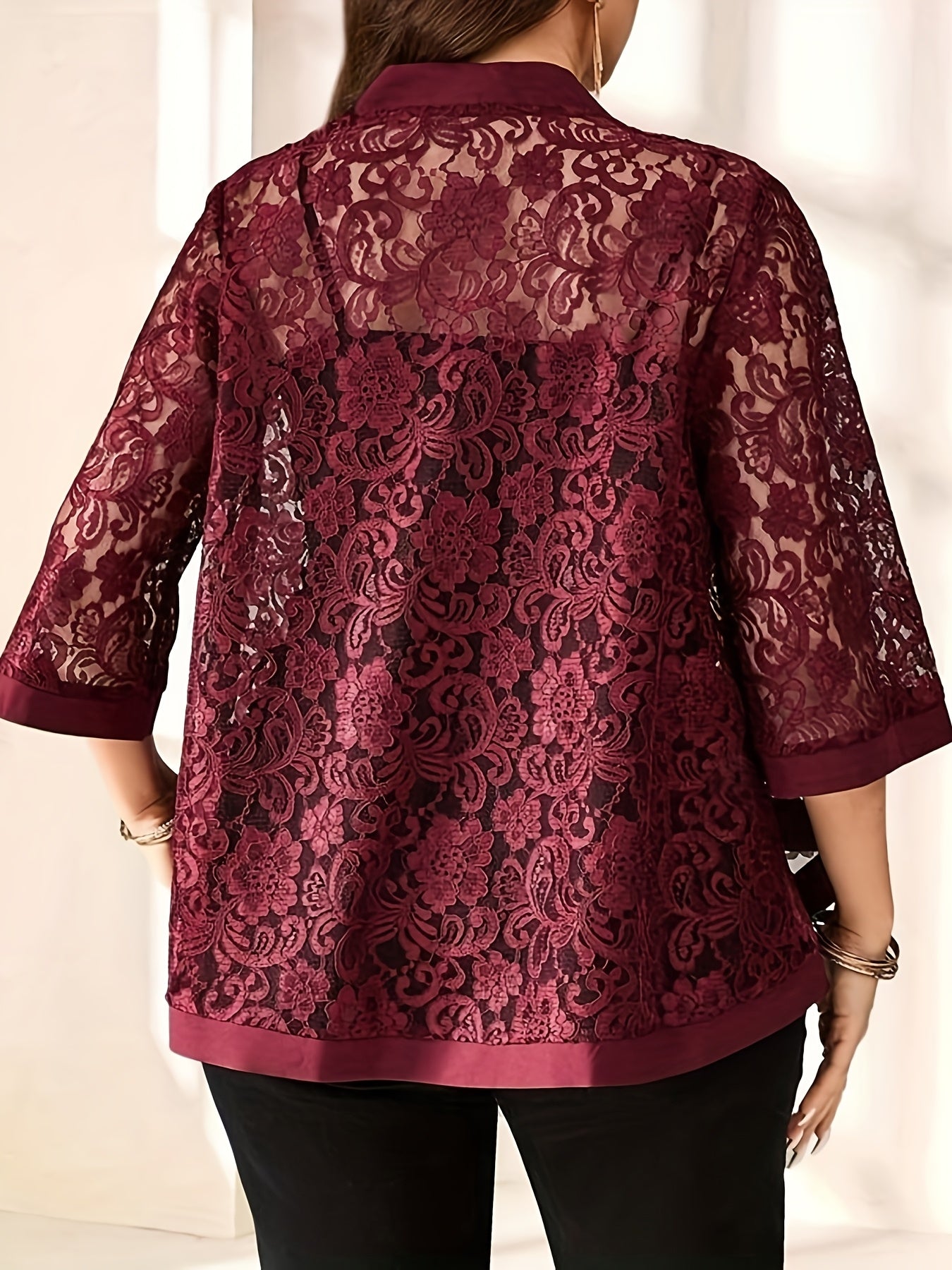 Кардиган из кружева больших размеров, легкий, полупрозрачный, с рукавами 3/4, черный, летняя блузка