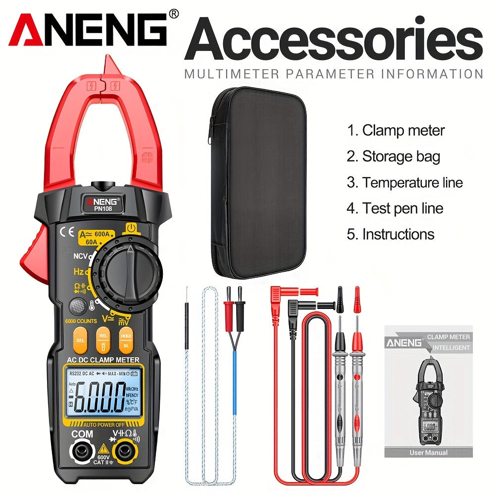 Clamp Meter with 6000 Counts for AC/DC Voltage, 600A Current, Resistance and Capacitance