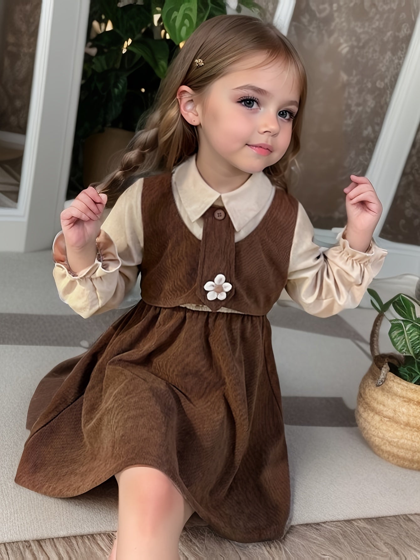Girls' Vintage Corduroy Dress for Girls A-Line Short Sleeve Color Block Casual Princess Spring Fall