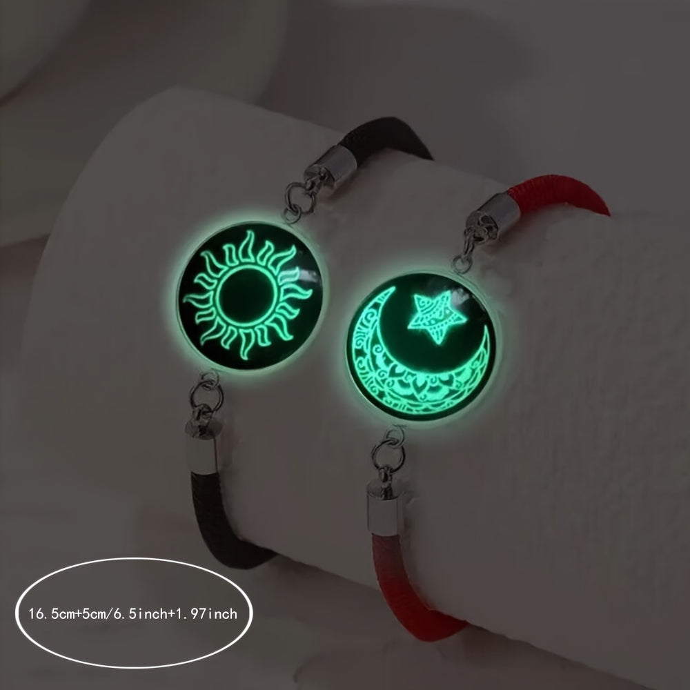 2 Pack Luminous Sun Moon Lovers Gemstone Bracelets Alloy Unisex Jewelry for Valentine's Day Festivals
