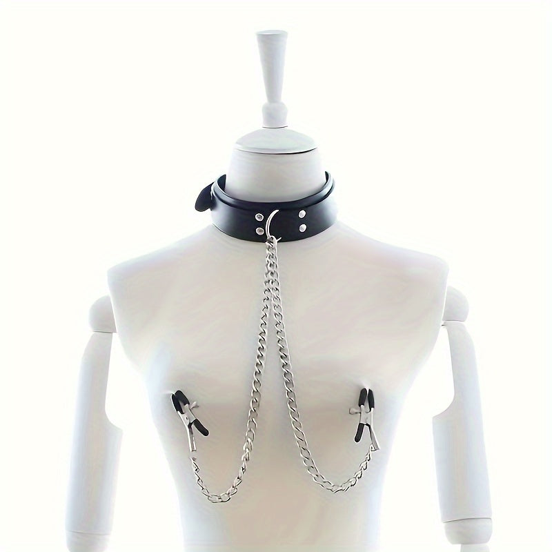 Adult Female Leather BDSM Choker with Adjustable Nipple Clamps 52cm