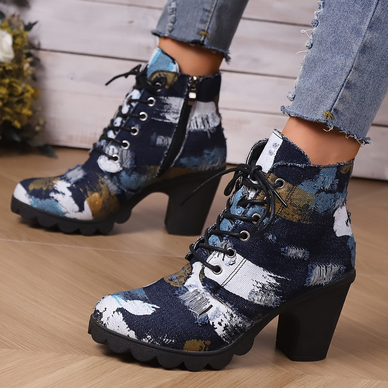 Women's Fabric Ankle Boots with Chunky Heel Side Zipper Wide Width