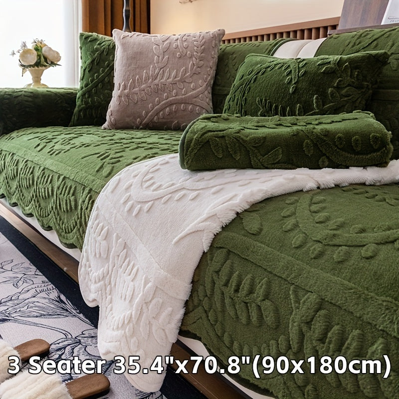 Beige Faux Rabbit Fur Sofa Cover for 1-4 Seaters with Floral Leaf Pattern Non-Slip Washable