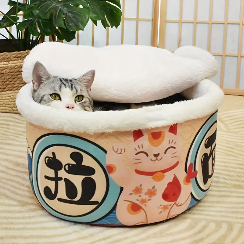 Large Noodle Bowl Pet Bed with Plush Cushion Vintage Style Non-Electric for Dogs and Cats